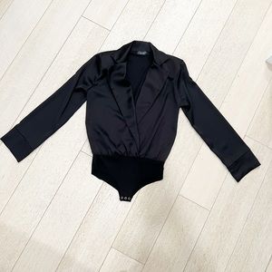 Zara black satin long sleeve body suit with shoulder pads size small